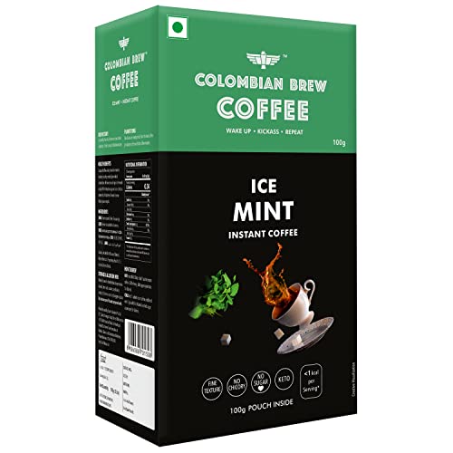 COLOMBIAN BREW COFFEE Ice Mint Instant Coffee Powder, No Sugar Vegan, 100 Gram- Box