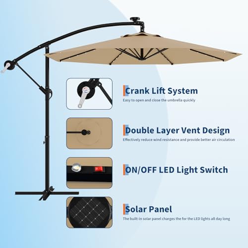 Garvee 10ft Solar Lights Offset Patio Umbrella, Cantilever Umbrella with Easy Lift & Tilt Adjustment, 8 Ribs Sun umbrella UV Protection for Backyard, Pool, Garden - Tan