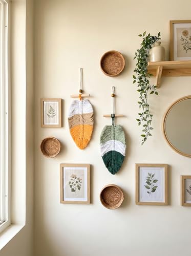 Image of JH Gallery Handmade Tricolor Macrame Leaf Wall Decor, Boho Cotton Rope Hanging with Wooden Beads for Bedroom, Living Room, Balcony and Home Decoration. (Pack of 2)