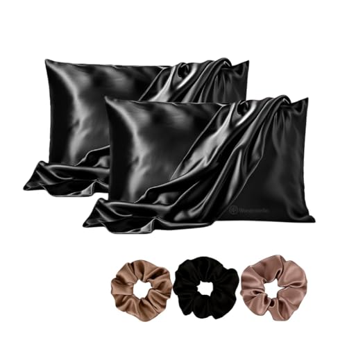 Image of Satin Pillow Covers Set of 2 - Soft & Smooth Pillowcases for Hair & Skin Care | Envelope Closure | Includes 3 Free Random Color Scrunchies | Frizz-Free Sleep Essentials (Black)