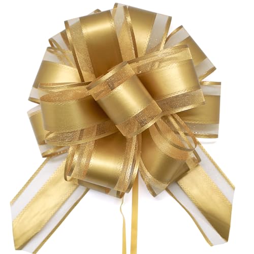 FQTANJU 5 PCS 6 Inch Gold Pull Bows for Gift Wrapping Wedding Christmas Birthday Parties; Modern Style Solid Color 2 Inch Ribbon Width