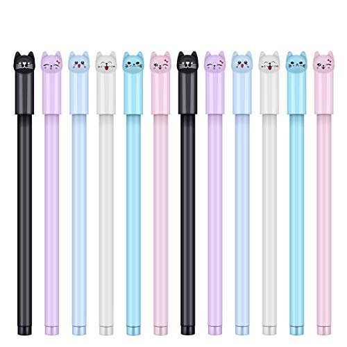 24 Pcs Black Pens Girl Kawaii Cat Pens 0.5 Mm Point Gel Pens