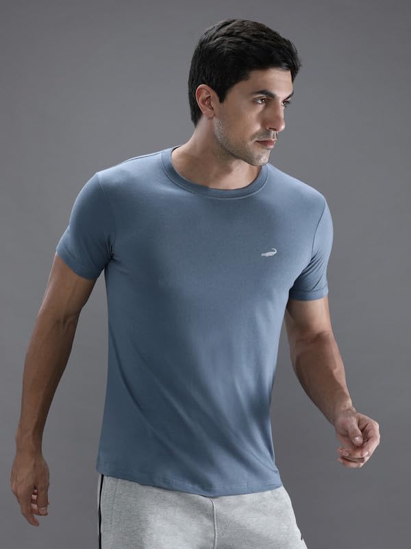 Image of CROCODILE Men Solid Sport Fit T Shirt | Round Neck | Short Sleeve | Regular Length | Basic Casual Pull On Topwear Grey Melange
