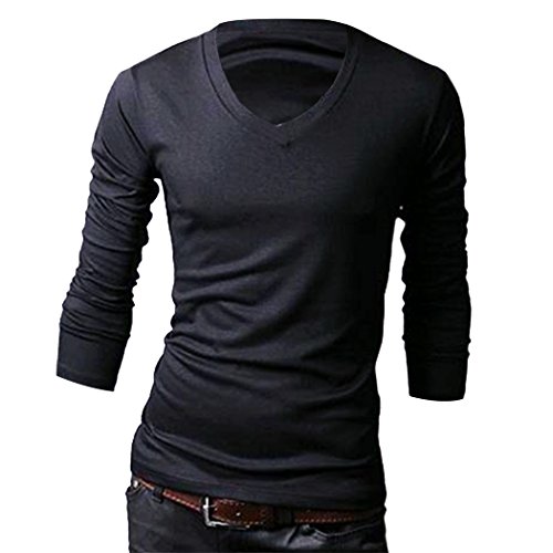 Aulei Männer Baumwolle Beiläufig V-Ausschnitt slim Fit Lange Ärmel T-Shirt Solide Tops Langarmshirt, schwarz, M