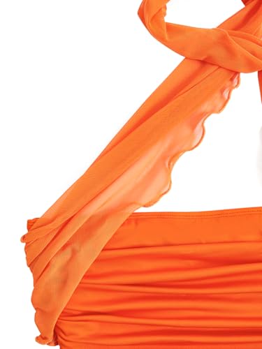 OYOANGLE Women's Sheer Ruffle Trim Halter Tops Asymmetrical Hem Ruched Sleeveless Fitted Crop Tops Y2K Party Top3