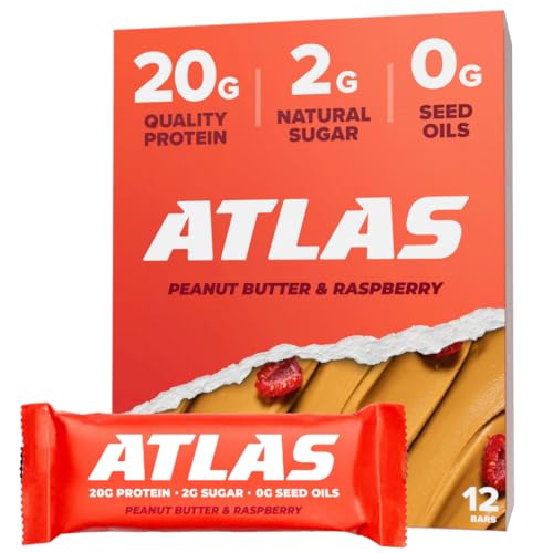 Image of Atlas Real Food Protein Bar - 20g Clean Protein, 2g Sugar, No Seed Oils, No Artificial Sweeteners (Peanut Butter & Raspberry, 12 Count)