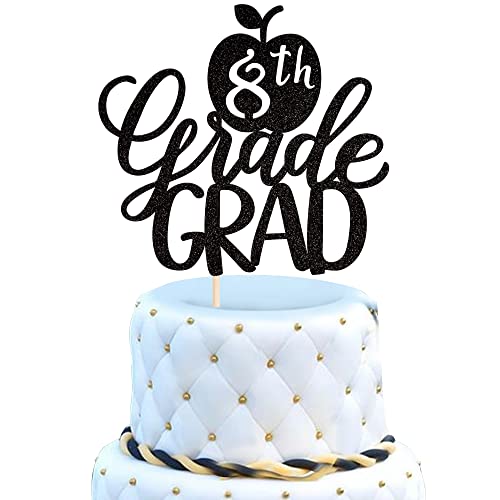 1 Pack 8th Graduation Cake Topper with Glitter 8th Grade Grad 2024 Graduation Cake Pick Grad Cake Decorations for Boys Girls Eight Grade Grad Graduation Theme Party Cake Decoration Supplies Black