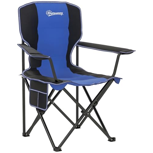 Outsunny Sedia da Campeggio Pieghevole con Tasca e Portabicchieri, Sedia da Giardino in Tessuto Oxford e Metallo, Portata Fino a 120 kg, 94x62x110 cm, Blu