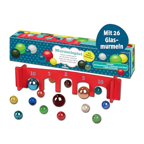 Moses 38064 Clásico Juego de canicas | Juego clásico con 26 canicas de Cristal y un Arco de Madera, Multicolor