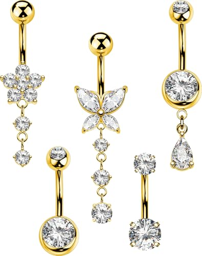 MS CUTE 5PCS Gold Belly Button Rings for Women 14G Dangle Navel Piercing Jewelry Set Gold Plated Surgical Stainless Steel Body Jewelry with CZ Butterfly Flower Teardrop Barbell for Beach Festival