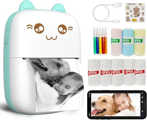Mini Printer Portable, Inkless Sticker printer with 8 Rolls Paper,...
