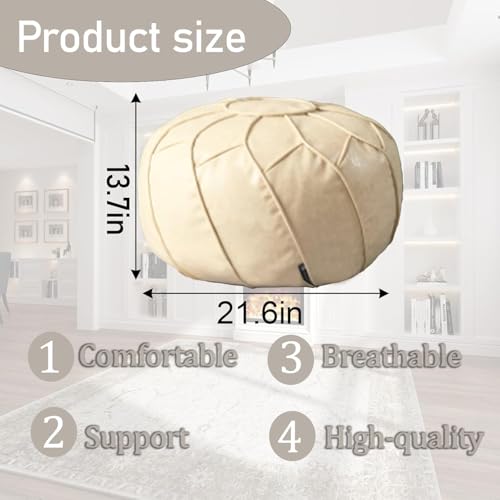 Louis Donné Unstuffed Pouf Ottoman Cover, Round Foot Stool for Poufudic Foot Rest, Storage Bean Bag Floor Chair Waterproof Faux Leather Pouffe Footstool for Living Room Fashion Design (White)