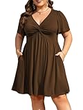 Manllenshie Womens Plus Size Summer Dress Casual Short Sleeves Deep V Neck Twist Knot Front Flowy Dress with Pocket (Brown,2XL)