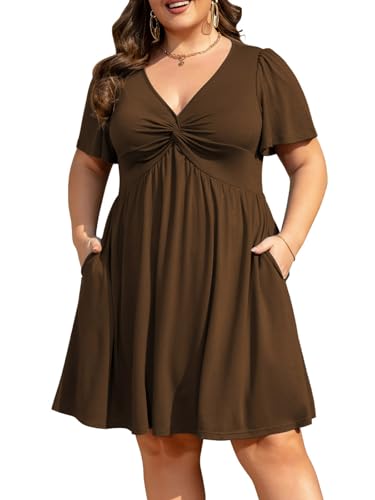 Image of Manllenshie Womens Plus Size Summer Dress Casual Short Sleeves Deep V Neck Twist Knot Front Flowy Dress with Pockets