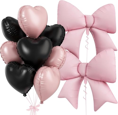 Ensemble Déco Fête Ballons Cœur Rose & Noir : Ballons Cœur Rose/Noir 18 Pouces & Ballon Papillon 38 Pouces, Adapté Anniversaire, Saint-Valentin,...