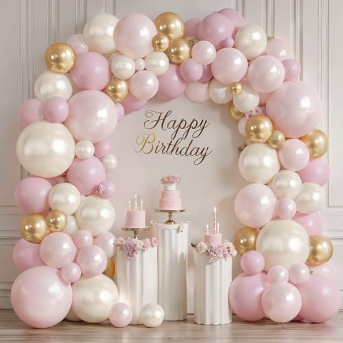 Pink White Gold Balloons Arch Kit - 119 PCs Double Stuffed Pearl White Pastel Light Pale Pink Champagne Gold Balloons for Wedding Bridal Shower Birthday Party Decorations for Girls Women