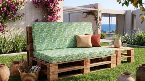 RUICOR TEXTIL SL Cojines para Sofá de Palets, Diseño Hojas Verde, 50% Algodón 50% Poliéster, Asiento 120x80cm y Respaldo 120x60cm, Espuma Alta Densidad, con Cremallera