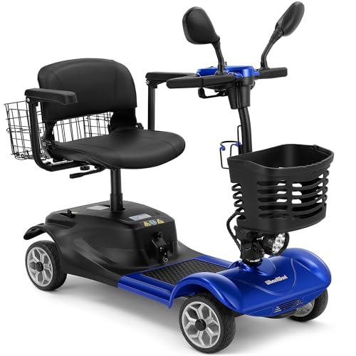 WheelWavi 4-Wheel Mobility Scooter for Adults & Seniors - Heavy-Duty Compact Travel Scooter with Long-Lasting Battery, LED Lights, Basket & Portable Design (Blue)