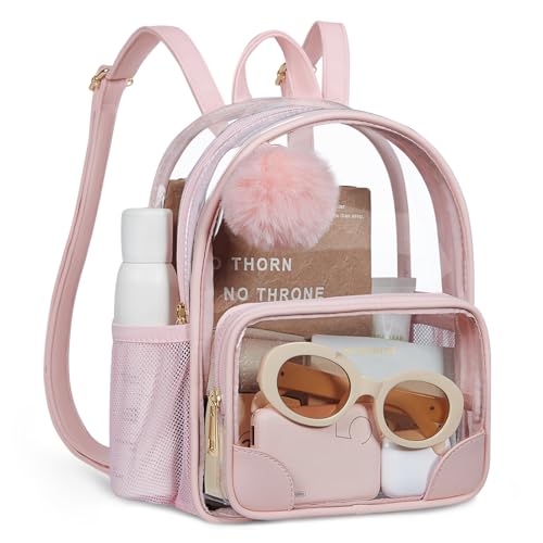 Image of Missnine Small Clear Backpack for Stadium Events Anti-theft Mini Clear Bag for Sport Event Concert with Cute Pom-pom Ball