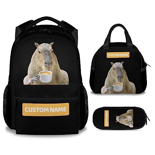 Kids Backpack with Lunch Box Set for Boys Girls, Custom 3 in 1 Animal School Backpacks Matching Combo, Cute Black Bookbag and Pencil Case Bundle for Travel Camping