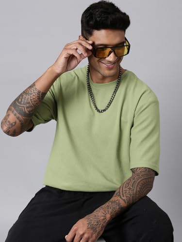 Image of Men's Stylish Round Neck Textured 3 /4th Sleeve Oversized T-Shirt (Pista Green)