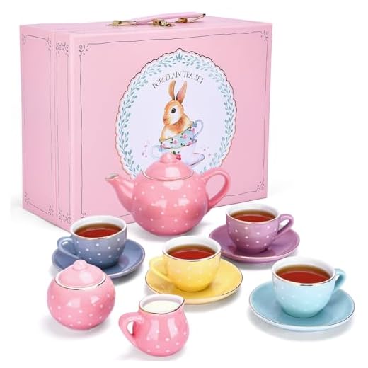 Jewelkeeper Tea Party Set for Little Girls - 13 pcs. Porcelain Mini Set for Your Princess Tea Time - Play with Teapots, Cups, and Saucers for Kids - BPA and Lead-Free Pastel Polka Dot Children Set
