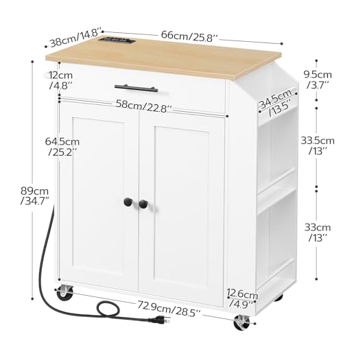 HOOBRO Kitchen Island with Power Outlet, Kitchen Storage Island with Spice Rack and Drawer, Rolling Kitchen on Wheels, for Home, Dining Room, Natural and White