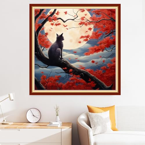 Image of Disxvivy Cross Stitch Stamped Full Embroidery Kits DIY 11CT Cotton Thread Printed DIY Needlepoint Kits Craft Needlework Set Cross-Stitch Stamped Sets-Cats Admiring Moon 18x18 inch