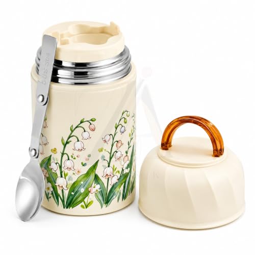Image of Insulated Stainless Steel 1060ml Lunch Box with 350ml Tumbler | Leakproof Hot Cold Food Container | BPA-Free Cute Tiffin Box for Kids, School, Office, Travel, Picnic (Lily of the Valley Floral)