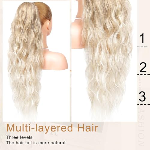 PORSMEER 30 in Long Curly Blonde to Light Blonde Drawstring Ponytail Extension Clip in Hair Extension Fluffy Natural Looking Synthetic Hairpiece for Women Omber Light Blonde - Image 3