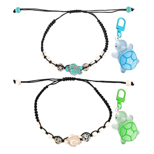 JDNFKG 2 Piezas De Pulseras con Cuentas De Tortuga Y 2 Piezas De Llaveros, Pulseras Retro, Cadenas Hechas A Mano Ajustables, Llaveros Coles De Metal, Adecuados para Playas Y Vacaciones.