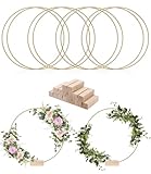 8 Stück 20cm Metallringe zum Basteln, Gold mit Holzständer mit Fuß, Gold Metallringe mit 8 Stück Holzständern Drahtringe Deko Ringe für Hochzeitskranz, Weihnachtsdekoration, Traumfänger DIY, Tischdeko