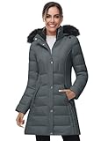 SLOW DOWN Women Winter Down Puffer Coat Warm Hooded Mid-Length Down Jacket for Women with Faux Fur Trim Hood and Pile Collar(Deep Grey,L)
