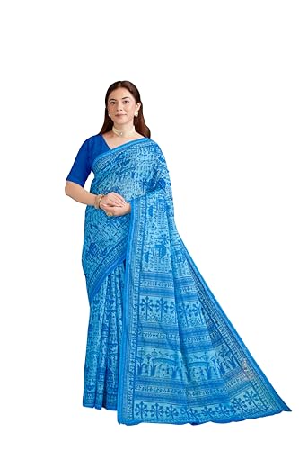Image of TAMAIRA FASHION Off White Mulmul Pure Cotton Saree For Woman Warli Printed|Office Wear Daily Wear Sarees For Women Without Blouse Piece (Available in 21 Colours)