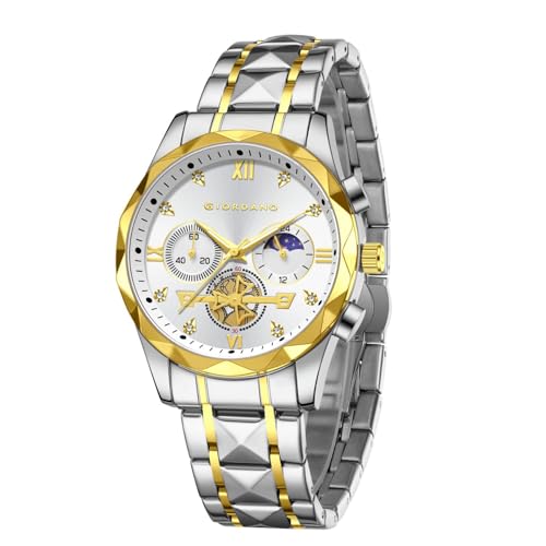 Image of Giordano Chronograph Analog Quartz Watch for Men with Round Dial, Multifunction Subdials, Sun Moon Display, Crystal Hour Markers, Roman Numerals, Stainless Steel Strap - GZ-50236