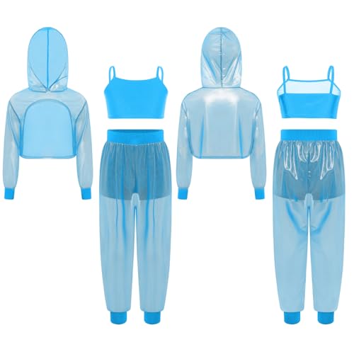 YiZYiF Girls 2Pcs Gymnastics Hip-hop Jazz Dance Outfit See-through Mesh Crop Top Hoodie and Vest Pants Set3