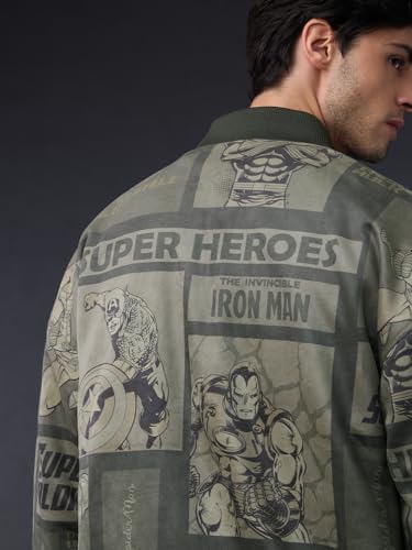 Image of The Souled Store Marvel: Heroes Assemble Men and Boys Full Sleeves Round Neck Dark Green Graphic Printed Polyester Regular Fit Lightweight Reversible Bomber Jacket