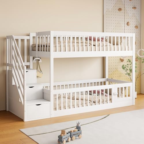 Etagenbett 90x200, Kinderbett Hochbett für 2 Kinder, Holzbett mit Treppe&Schubladen&Tür, Bettgestell mit Rausfallschutz&Lattenrost, Jugendbett Stauraumbett Stockbett Familienbett, Massivholz, Weiß