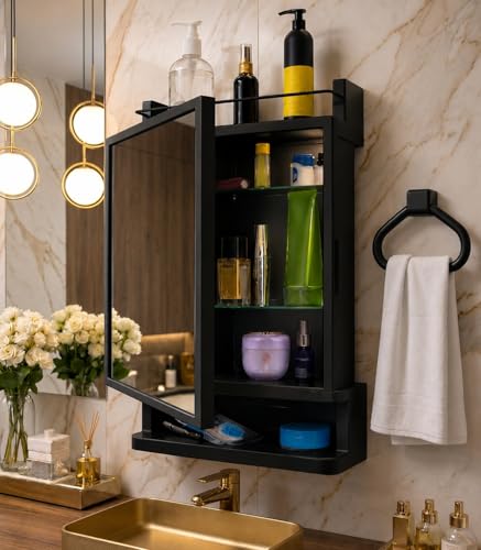 Image of CIPLA PLAST Rich Look Plastic Wall-Mounted Bathroom Mirror Cabinet with Storage Shelves, Single Door, Bathroom Mirror Cabinet with Towel Holder | (Black)