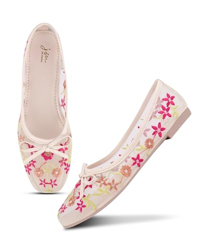 JM LOOKS Delicate Floral Embroidered Mesh Ballet Flats with Bow A...