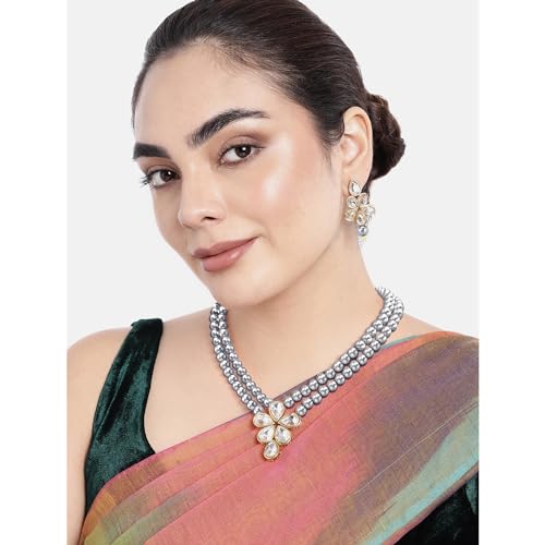 Image of Peora Crystal Faux Pearl Kundan Necklace & Jewellery Set Gift for Women