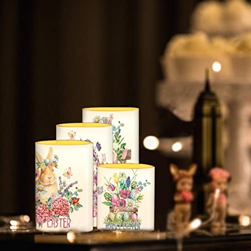 Image of Happy Easter Flameless LED Candles Electric Candles with Remote Timer Colorful Light Control Long Lasting for Easter Day Decorations Pack of 4, Bunny Flower Butterfly Wreath, White