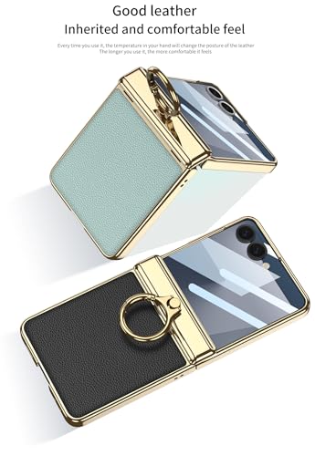 Image of Midkart Magnetic Leather Cover Compatible with Samsung Galaxy Z Flip 7 Release 2025 Hinge Protection Case Ring Holder Kickstand Electroplated with Front Glass and Camera Protection, Black