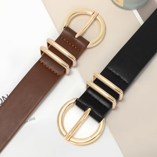 XZQTIVE 2 Pack Womens Leather Belts for Jeans Dress Pants Fashion Plus Size Ladies Black Waist Belt with Gold Buckle2