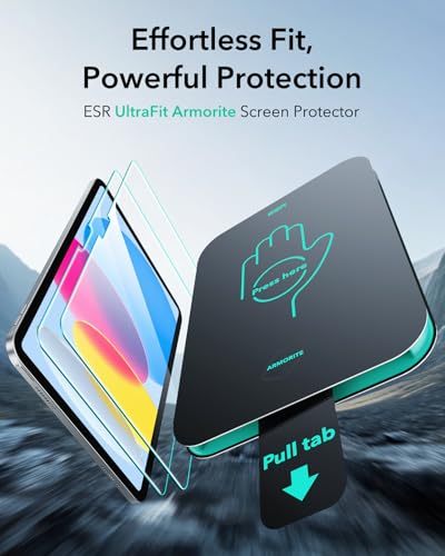 Image of ESR 2 Pack Armorite Screen Protector for iPad A16 11th /10th Generation (11 Inch /10.9, 2025 /2022), Military Grade, 9H Hardness Tempered Glass Film with UltraFit Tray, HD Clarity, Dust and Bubble Free