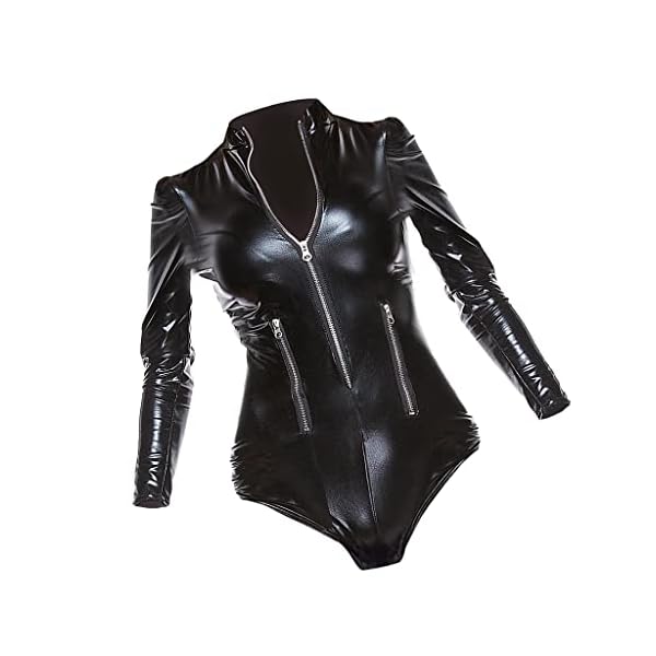 CALANDIS Pu Leather Bodysuit Long Sleeve PVC Zip Front Teddy Jumpsuit Top Catsuit S - Image 5