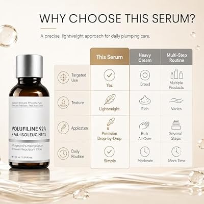 Volufiline 92% + Palmitoyl Isoleucine 1% Volumizing Face Serum - Needle-Free Plumping for Under Eyes, Cheeks & Smile Lines - Firming, Lifting & Smoothing - Lightweight Anhydrous Formula (1pc)