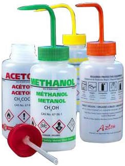 Globe Scientific WGW537VTML-GHS GHS Compliant LDPE Wash Bottle, Acetone, 500mL Capacity, Safety Vented, Red Screwcap, Pack of 5