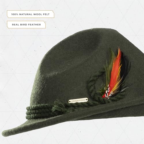 Image of BAVARIA TRACHTEN German Hat for Oktoberfest, 100% Wool Felt Bavarian Hat Men, Bird Feather - Alpine Austrian Hats - Green
