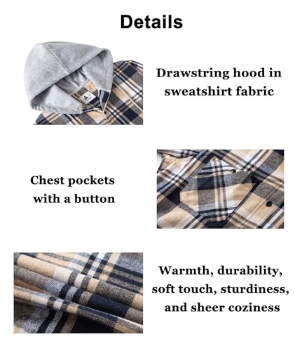 Image of Hooded Flannel Shirts for Men Plaid Long Sleeve Flannel Jacket Hoodies | Button-Down, Lightweight Coat, Classic Plaid Shirts with Hood, Flannel Hoodies with Pocket